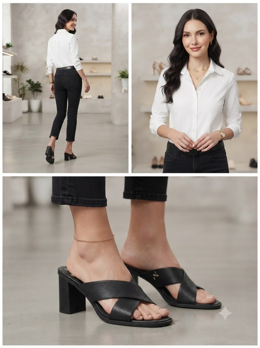 Women's Black Cross Strap Block Heel Slip-On Sandals | Open-Toe Mid Heel Mules
