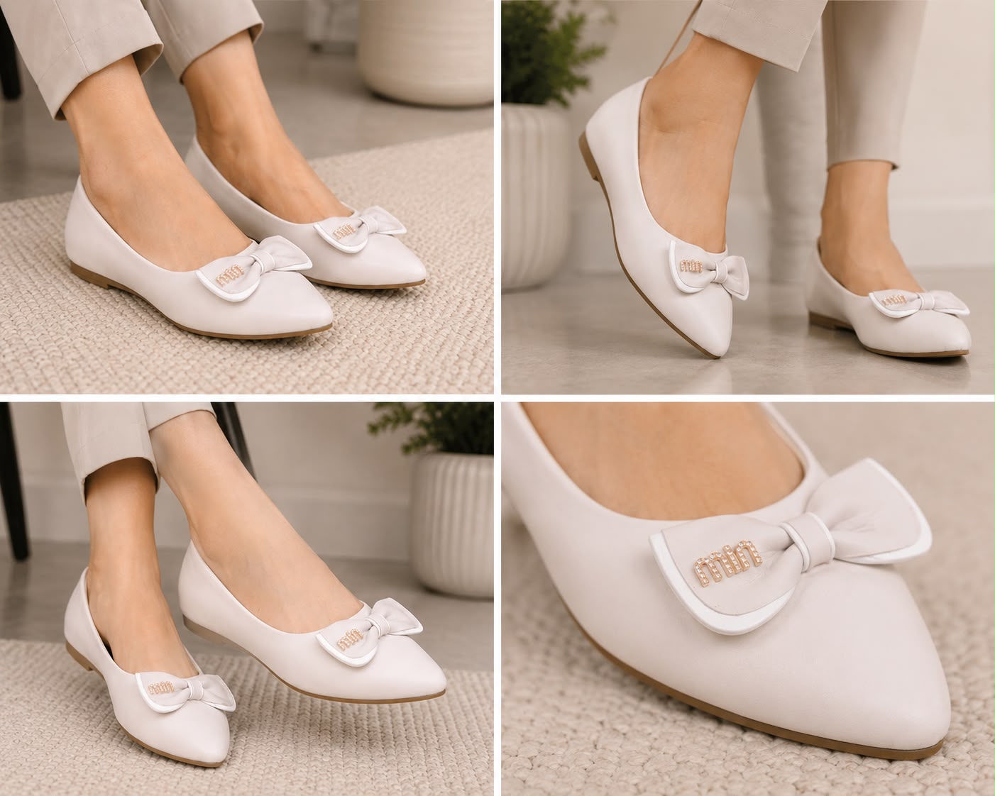 Women's Casual and official cream Pointed Toe Bellies with Stylish Bow