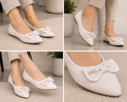 Women's Casual and official cream Pointed Toe Bellies with Stylish Bow