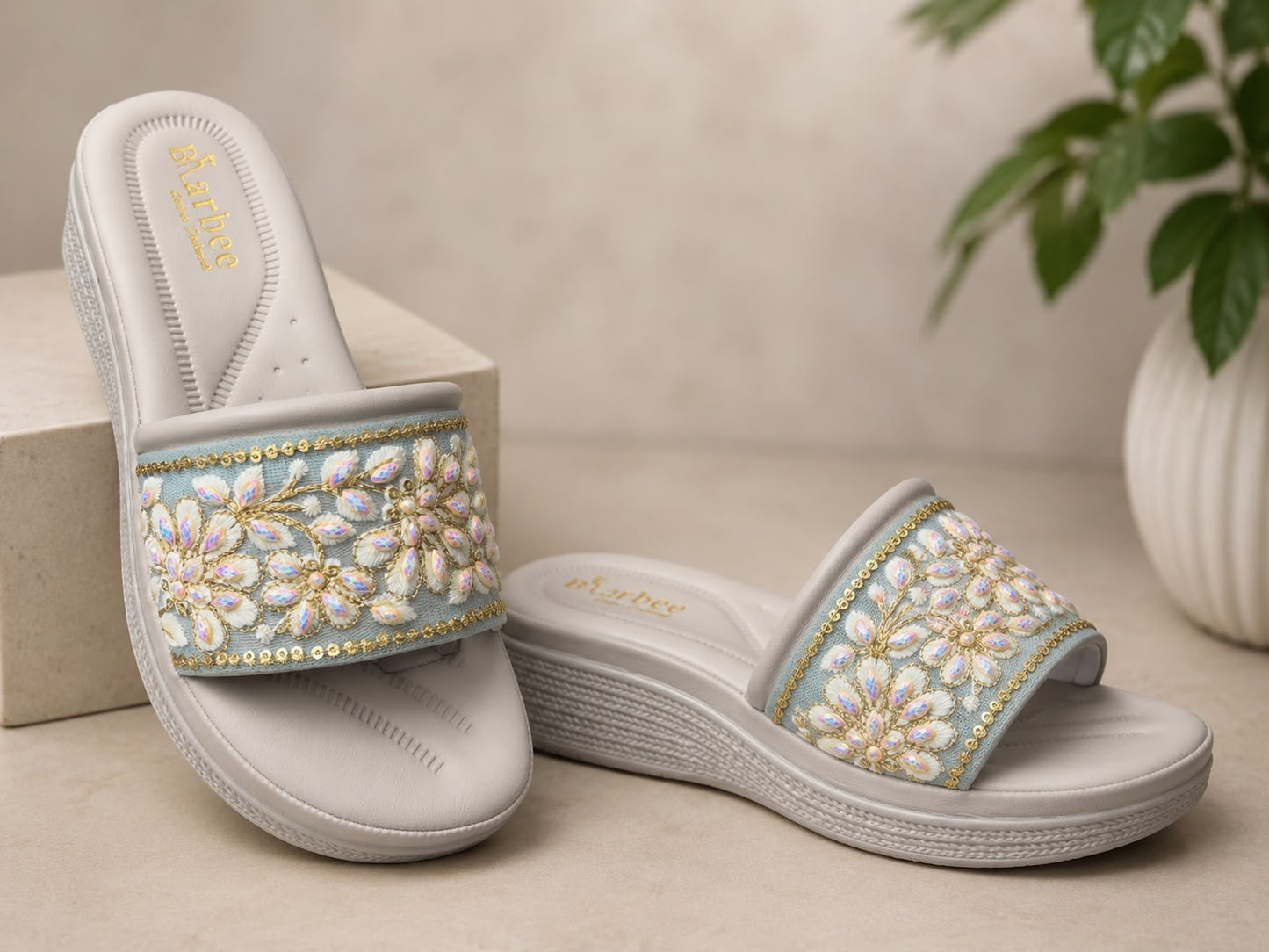 Elegant Floral Stone Work Wedge Slippers for Women – grey