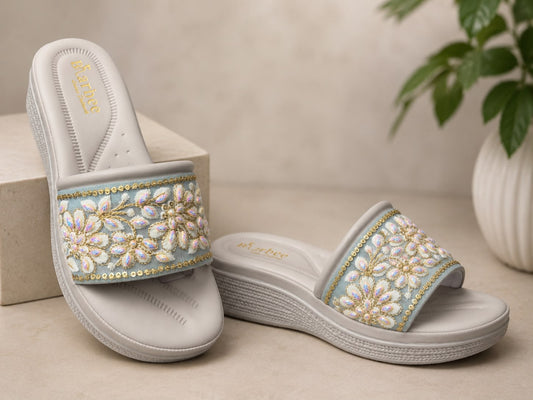 Elegant Floral Stone Work Wedge Slippers for Women – grey