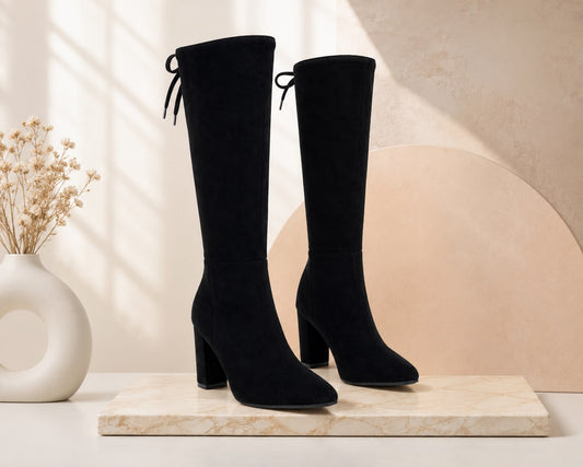 Women's Black Faux Suede Knee-High Block Heel Boots with Back Tie Detail