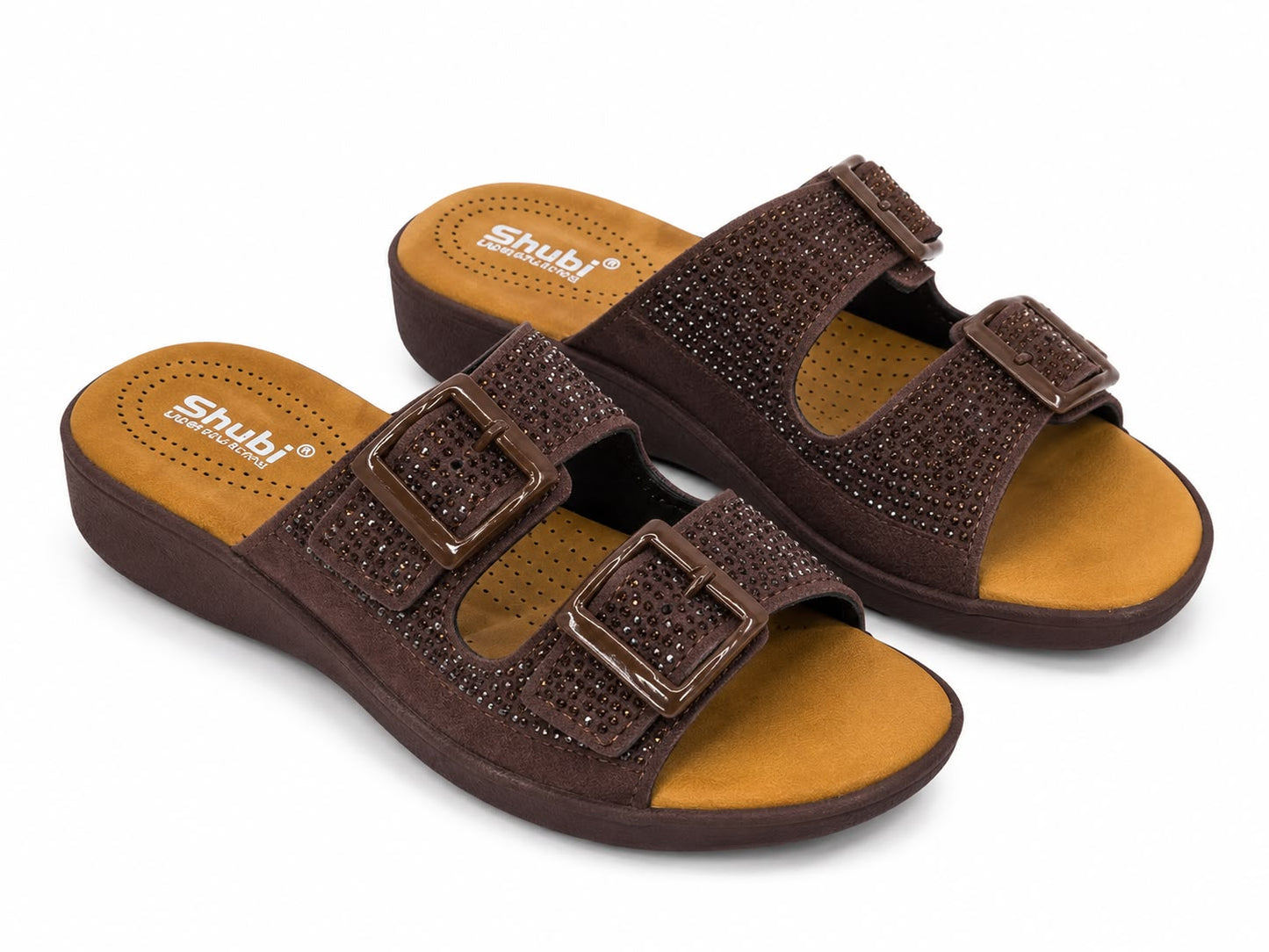 Women's Premium Brown Double Buckle Comfort Slides | Adjustable Cushioned Slip-On Sandals | Lightweight Casual Walking Slippers