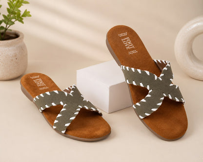 Women's Cross Strap Stitched Flat Slip-On Sandals – Olive Green