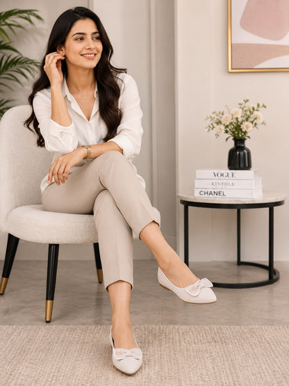 Women's Casual and official cream Pointed Toe Bellies with Stylish Bow