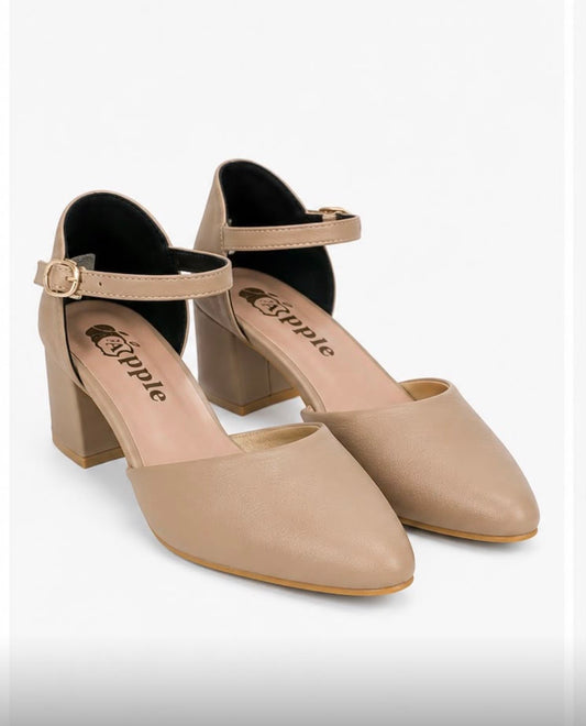 Women's Premium Beige Pointed Toe Block Heel Pumps | Adjustable Ankle Strap | Elegant Office, Party & Wedding Shoes