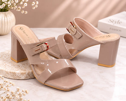 Women's Glossy Open-Toe Block Heel Sandals – Nude Taupe