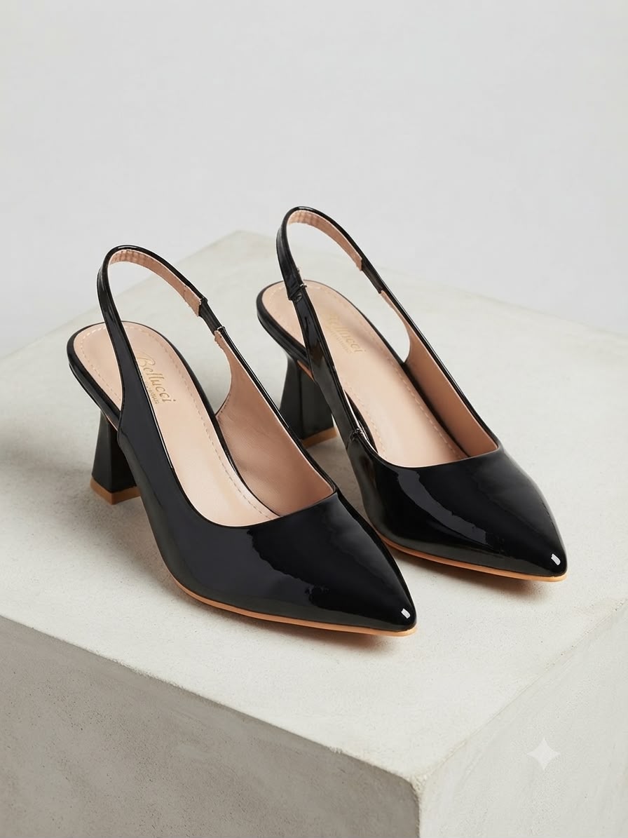Women's Black Patent Slingback Pointed Toe Block Heel Pumps | Elegant Office & Party Wear Shoes