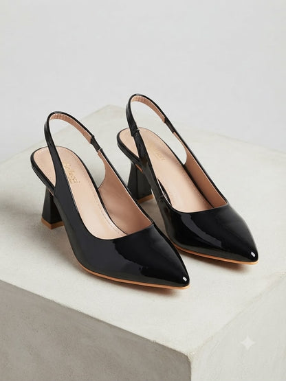 Women's Black Patent Slingback Pointed Toe Block Heel Pumps | Elegant Office & Party Wear Shoes