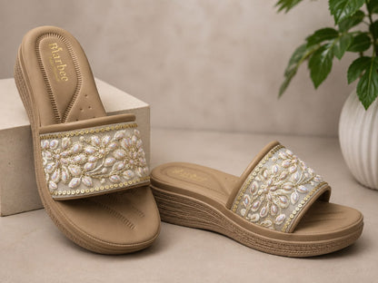 Elegant Floral Stone Work Wedge Slippers for Women – Beige