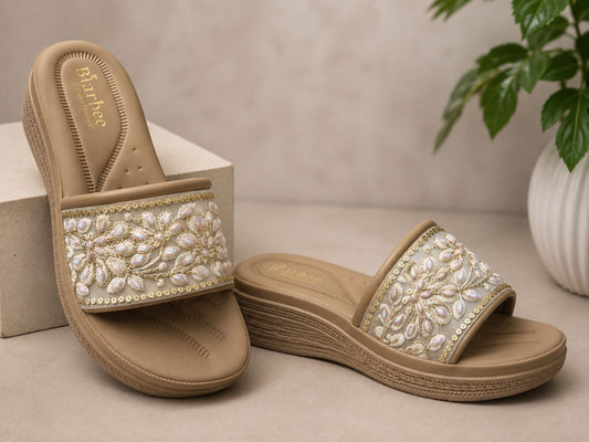 Elegant Floral Stone Work Wedge Slippers for Women – Beige