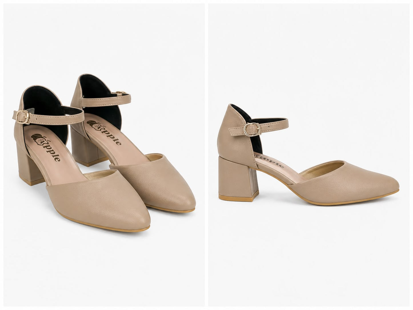 Women's Premium Beige Pointed Toe Block Heel Pumps | Adjustable Ankle Strap | Elegant Office, Party & Wedding Shoes
