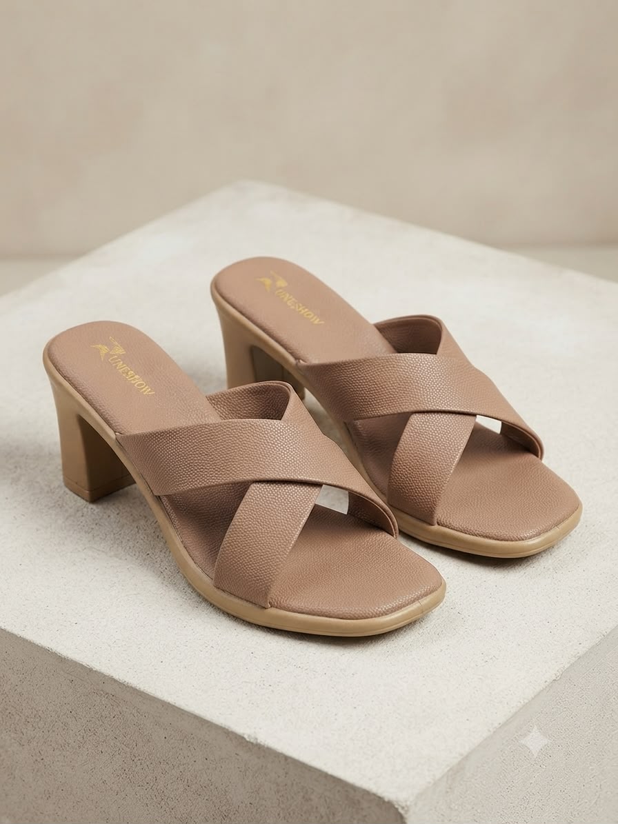 Women's Beige Cross Strap Block Heel Slip-On Sandals | Open-Toe Mid Heel Mules