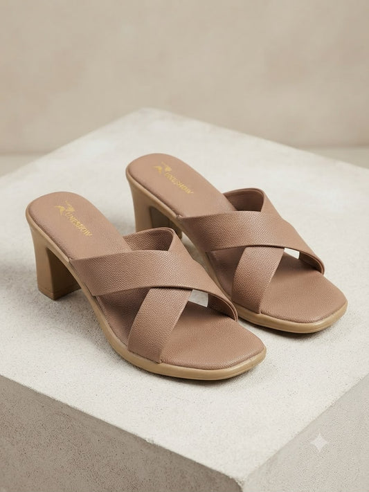 Women's Beige Cross Strap Block Heel Slip-On Sandals | Open-Toe Mid Heel Mules