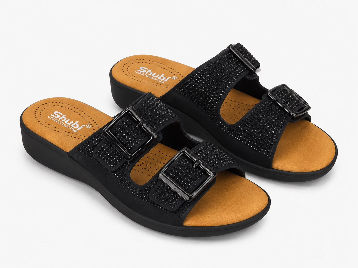 Women's Premium Black Double Buckle Comfort Slides | Adjustable Cushioned Slip-On Sandals | Lightweight Casual Walking Slippers