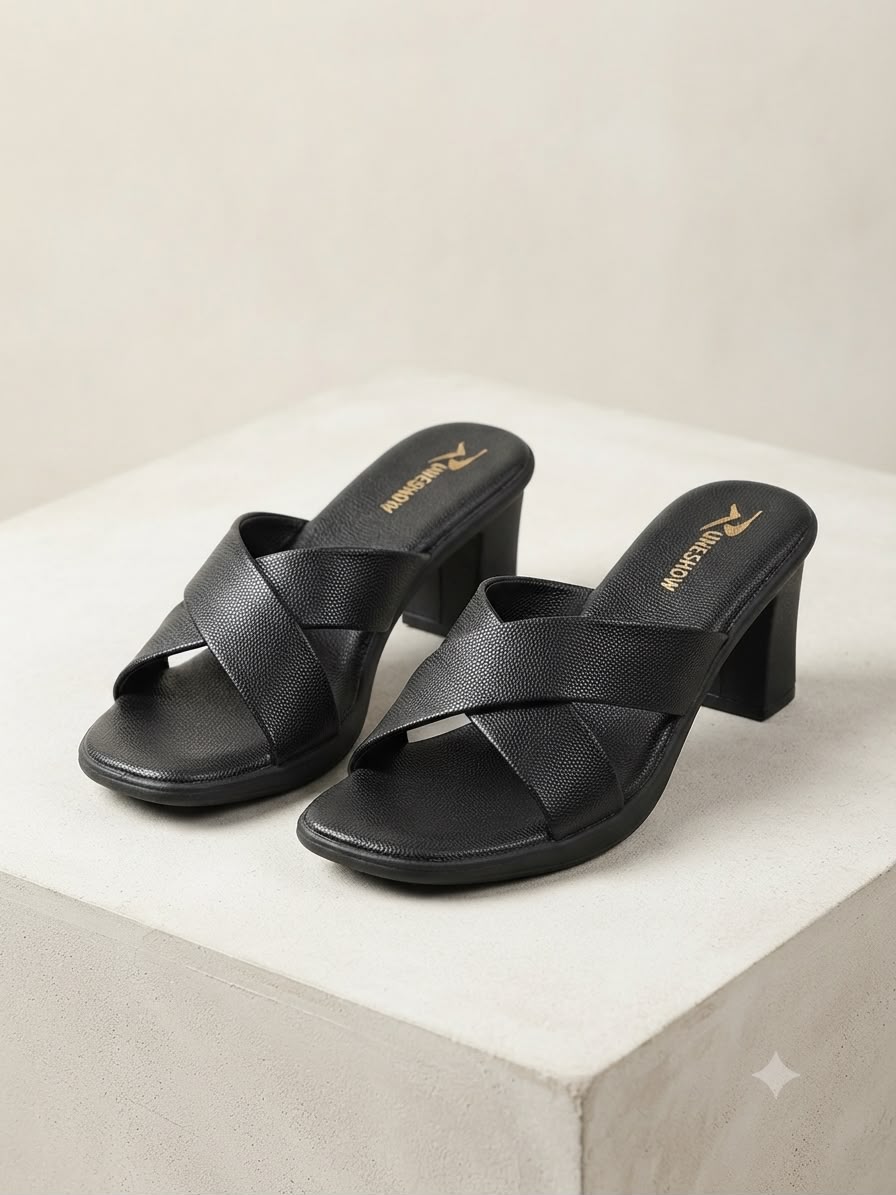 Women's Black Cross Strap Block Heel Slip-On Sandals | Open-Toe Mid Heel Mules