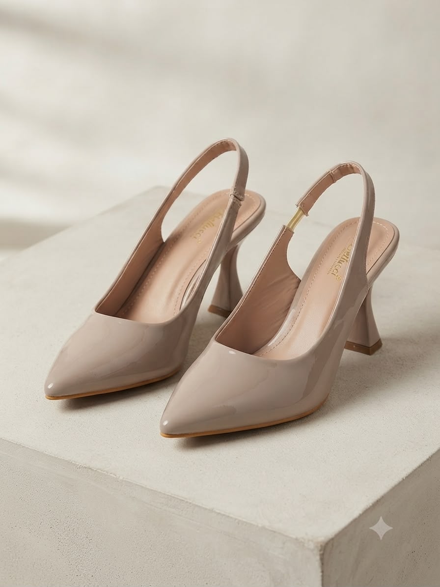 Women's beige Patent Slingback Pointed Toe Block Heel Pumps | Elegant Office & Party Wear Shoes